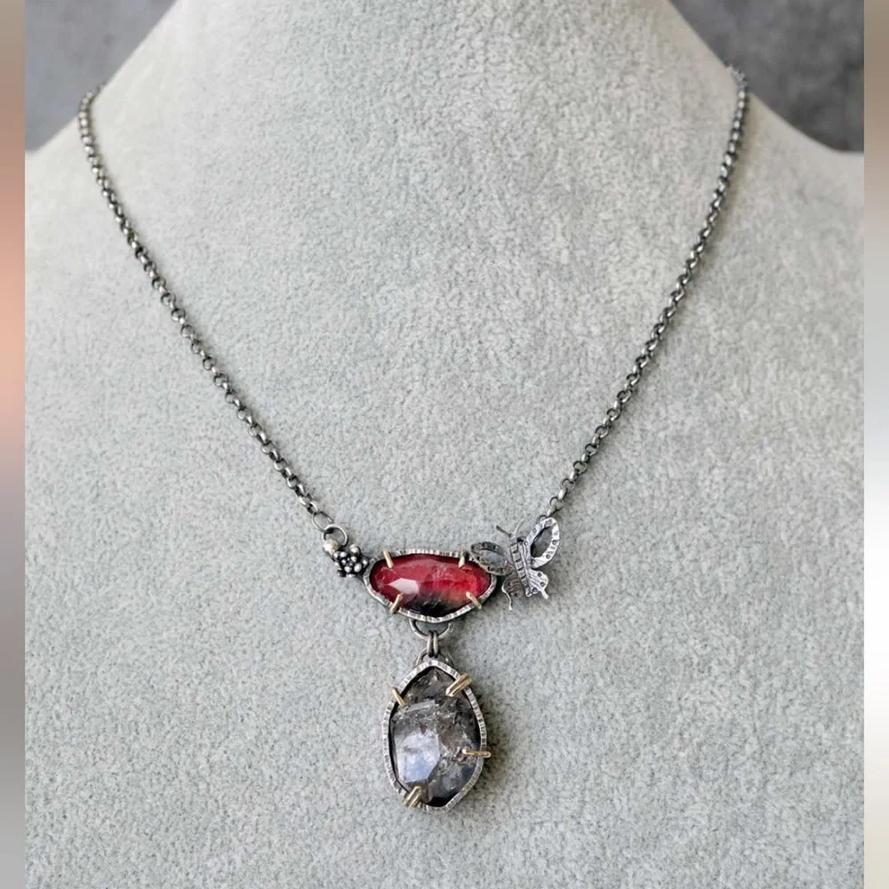 Sterling Silver and Tourmaline Pendant with Herkimer Diamond Necklace - Picture 2 of 14